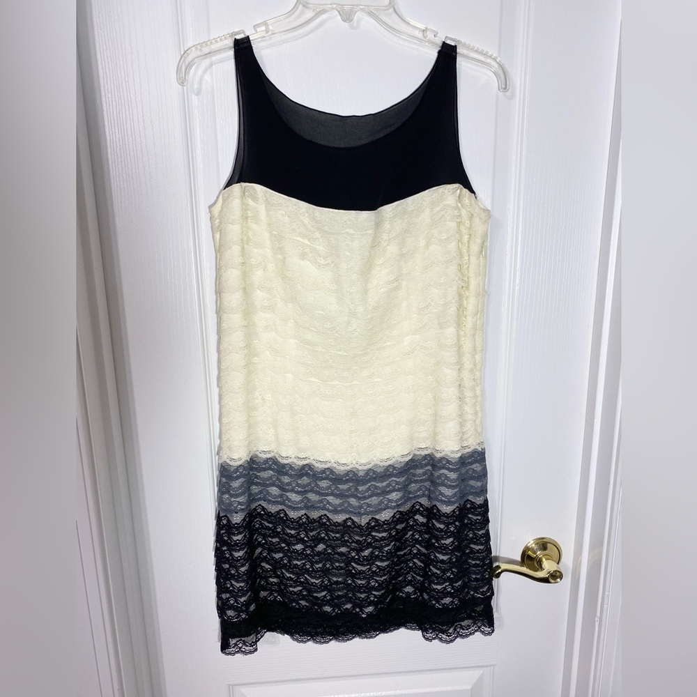 Handmade Sheer Black Silk & Tiered Ombré Lace Sleeveless Mini Dress Medium